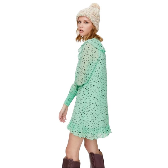 Aritzia Little Moon Mint Green/Black Pattern Long Sleeve Ruffle Dress (L) - Picture 3 of 16